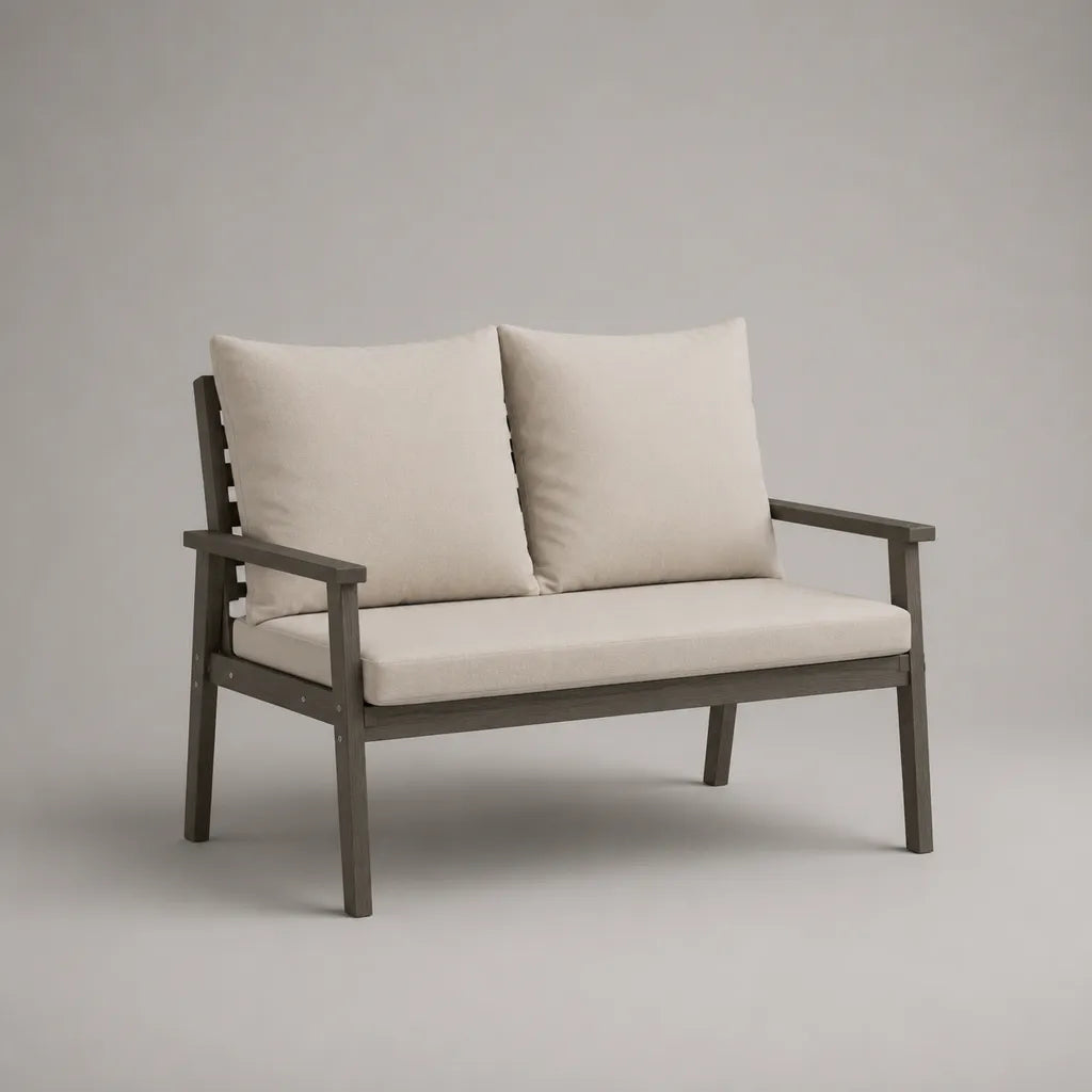Divano da giardino 2 posti in legno, cuscini in tessuto beige, struttura grigia taupe, 124 × 72 × 84 cm