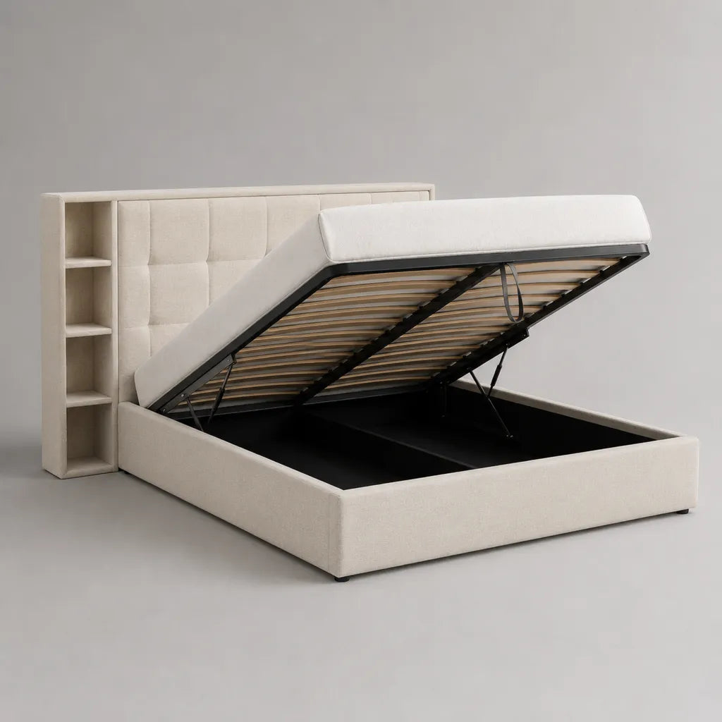 Letto doppio petto in tessuto beige con letto estraibile, testata imbottita e ripiani, letto 160 × 200 cm, dimensioni 220 × 207 × 120 cm