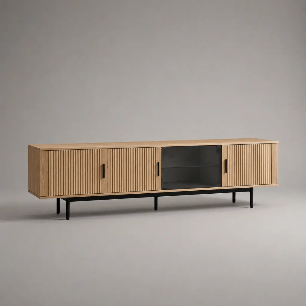 Armadio a bassa TV in rovere naturale al quadrato MDF con 4 porte, di cui 1 in vetro affumicato, pièce in acciaio nero, 180 × 40 × 60 cm