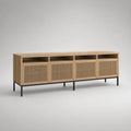 Meuble TV bas en bois et acier noir avec 4 portes à lattes et 4 niches, chêne naturel, 180 × 40 × 70 cm