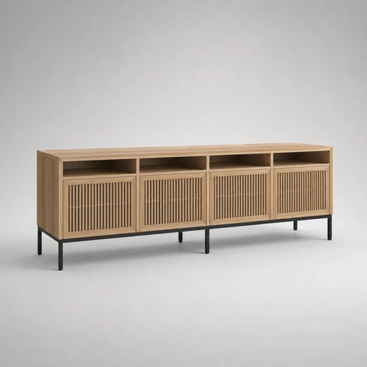 Piccolo armadietto TV in legno e acciaio nero con 4 porte con latte e 4 nicchie, rovere naturale, 180 × 40 × 70 cm