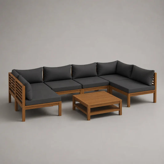 Soggiorno da giardino 6 camere con divano angolare in U 5 posti a sedere in legno massello, cuscini grigi antracite, 280 × 150 × 72 cm