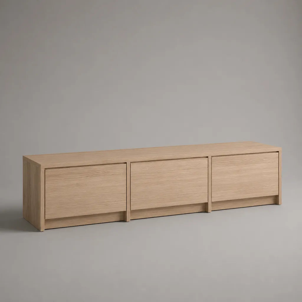 Meuble TV bas en bois à 3 portes, chêne clair, 180 × 40 × 55 cm