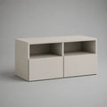Meuble TV bas en panneaux de particules mélaminés, 2 niches et 2 rangements, blanc cassé, 100 × 35 × 55 cm