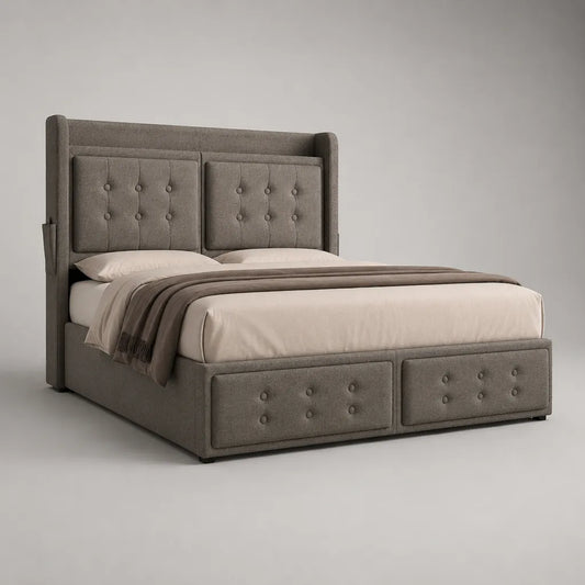 Letto matrimoniale in tessuto grigio taupe con testa da letto imbottita e 2 cassetti, letto 160 × 200 cm
