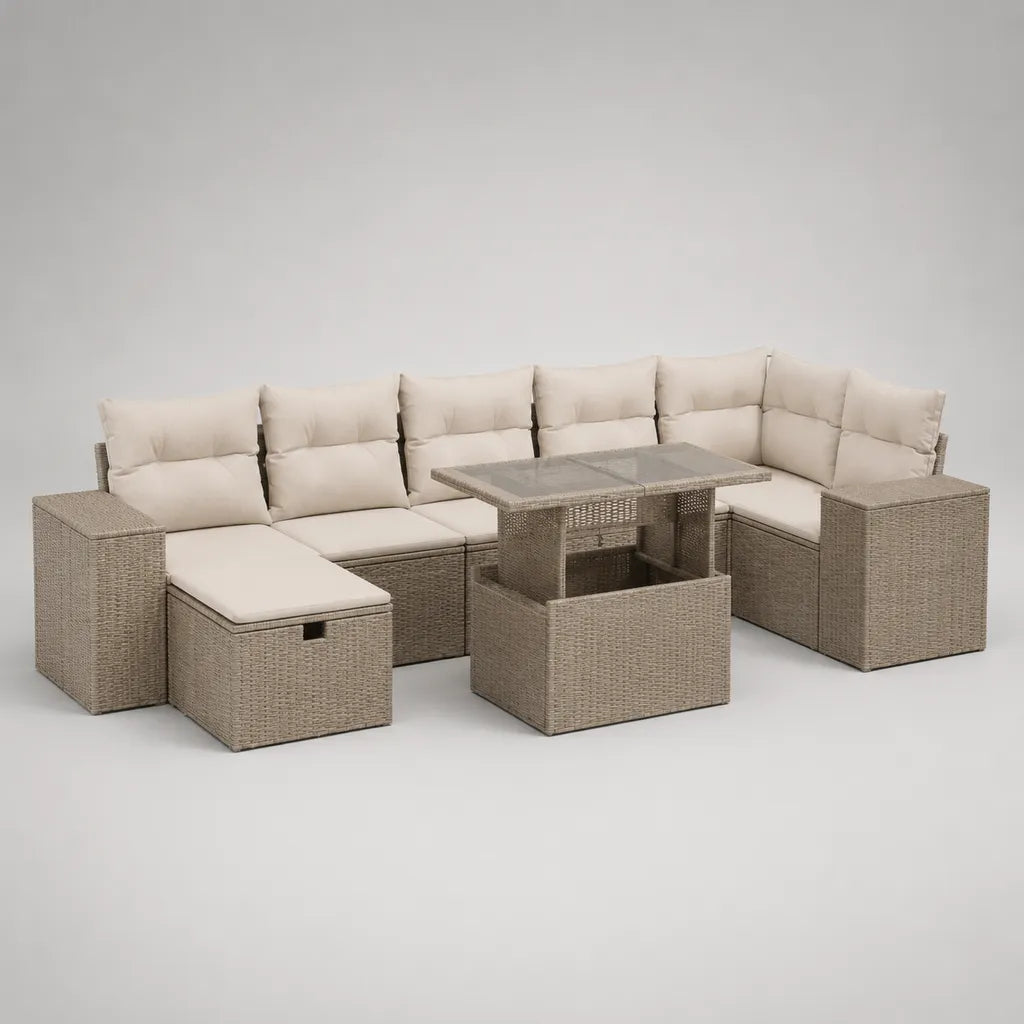 Lounge giardino angolo 8 posti in resina intrecciata taupe con cuscini beige e tavolo, 257 × 193 × 73 cm
