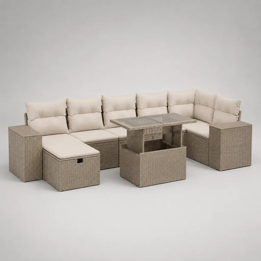 Lounge giardino angolo 8 posti in resina intrecciata taupe con cuscini beige e tavolo, 257 × 193 × 73 cm