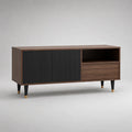 Meuble TV rectangulaire en bois et métal, brun noyer, noir et doré, avec 2 portes rainurées, 1 tiroir et 1 niche, 140 × 40 × 65 cm