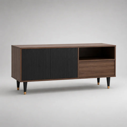 Armadio TV rettangolare in legno e metallo, marrone noce, nero e oro, con 2 porte scanalate, 1 cassetto e 1 nicchia, 140 × 40 × 65 cm