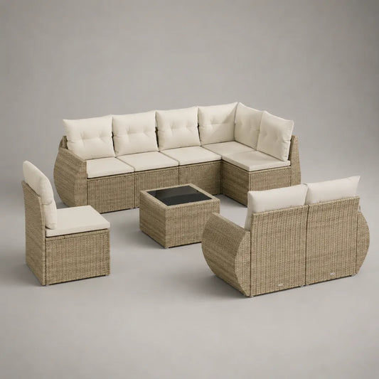 Giardino esterno 8 camere in resina intrecciata beige con divano angolare, 3 poltrone e tavolo, 250 × 190 × 80 cm