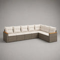 Canapé de jardin d’angle modulable 6 places en résine tressée grise avec coussins écrus, 300 × 220 × 75 cm