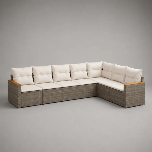 Divano da giardino a 6 posti in resina grigia intrecciata con cuscini ecru, 300 × 220 × 75 cm