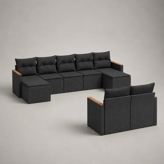 Divano da giardino modulare da 7 posti in resina intrecciata in PE nero e legno marrone, configurazione U, 310 × 185 × 74 cm
