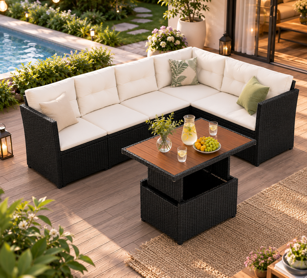 Set Salotto in Polyrattan con Tavolo Regolabile