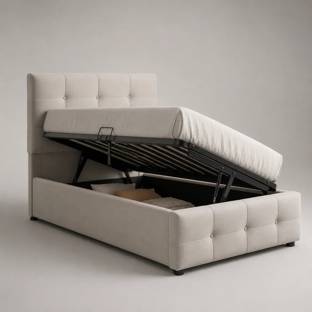 Lit coffre rembourré beige clair avec sommier relevable en acier, couchage 160 × 200 cm, dimensions 218 × 178 × 112 cm