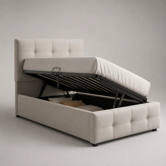 Letto imbottito beige leggero con letto in acciaio estraibile, letto 160 × 200 cm, dimensioni 218 × 178 × 112 cm