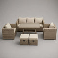 Salon de jardin extérieur 6 pièces en résine tressée PE et acier, canapé 190 × 75 × 76 cm, 2 fauteuils 72 × 75 × 76 cm, table 120 × 70 × 65 cm et 2 tabourets 40 × 40 × 43 cm, beige et taupe