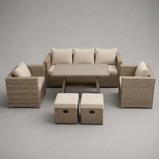 Giardino esterno soggiorno 6 pezzi in resina intrecciata PE e acciaio, divano 190 × 75 × 76 cm, 2 poltrone 72 × 75 × 76 cm, tavolo 120 × 70 × 65 cm e 2 sgabelli 40 × 40 × 43 cm, beige e taupe