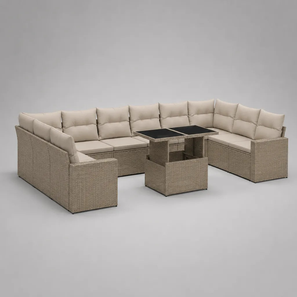 6 pezzi angolo giardino soggiorno 9 posti in resina intrecciata taupe con cuscini beige e tavolo estraibile – 300 × 220 × 75 cm