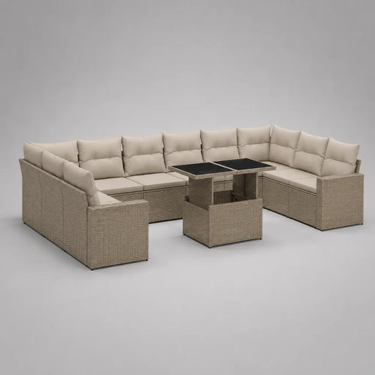 6 pezzi angolo giardino soggiorno 9 posti in resina intrecciata taupe con cuscini beige e tavolo estraibile – 300 × 220 × 75 cm