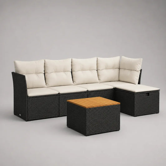 Giardino esterno 4 posti a sedere, 5 camere in resina intrecciata nera e legno, cuscini crema, divano angolare 250 × 170 × 73 cm e tavolo 70 × 60 × 40 cm