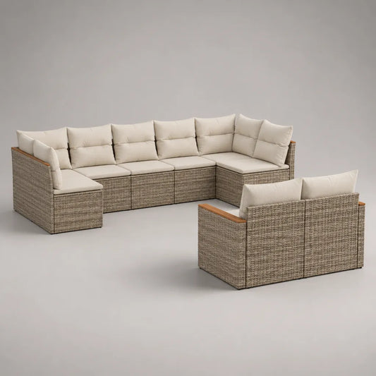 Divano da giardino modulare da 8 posti in resina intrecciata e acciaio, a forma di U, grege e crema, 320 × 140 × 75 cm