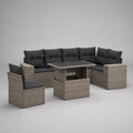 Salon de jardin extérieur 9 places, 7 pièces en résine tressée grise et beige, canapé d’angle, fauteuil, 2 tabourets et table 145 × 75 × 68 cm, coussins anthracite