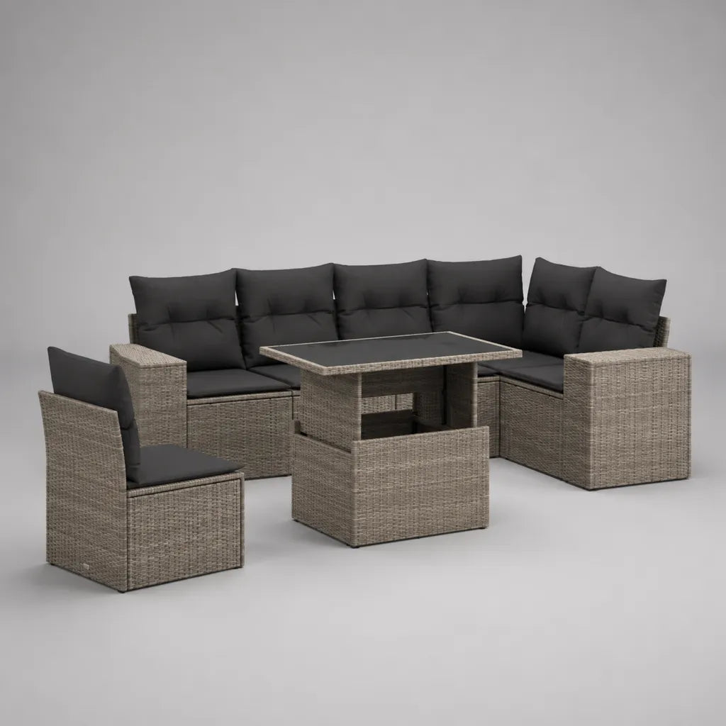 Salon de jardin extérieur 9 places, 7 pièces en résine tressée grise et beige, canapé d’angle, fauteuil, 2 tabourets et table 145 × 75 × 68 cm, coussins anthracite