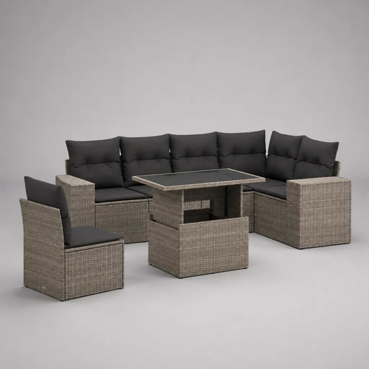 Mobili da giardino da esterno 9 posti a sedere, 7 camere in resina intrecciata grigia e beige, divano angolare, poltrona, 2 sgabelli e tavolo 145 × 75 × 68 cm, cuscini antracite