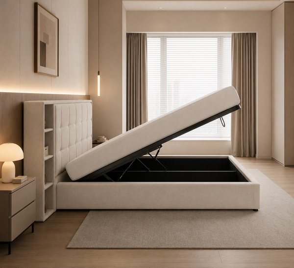 Letto Contenitore in Tessuto con Testiera Multifunzionale