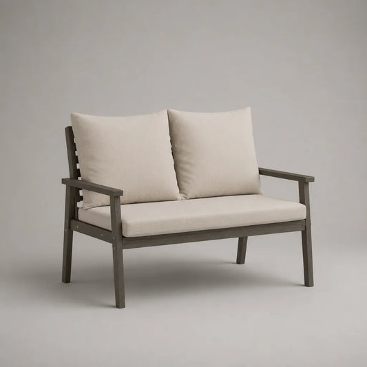Divano da giardino 2 posti in legno, cuscini in tessuto beige, struttura grigia taupe, 124 × 72 × 84 cm