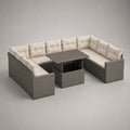 Salon de jardin 9 places en résine tressée et acier avec table relevable en U, gris et beige, 295 × 220 × 73 cm