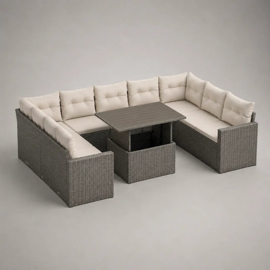 Mobili da giardino 9 sedili in resina intrecciata e acciaio con tavolo estraibile in U, grigio e beige, 295 × 220 × 73 cm