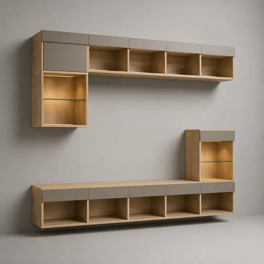 Set TV a parete 3 elementi in legno e vetro, rovere naturale e grigio taupe, 240 × 40 × 190 cm