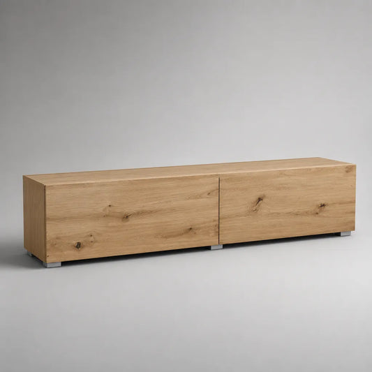 Televisione bassa rettangolare con 2 porte in legno e metallo, rovere naturale e argento, 200 × 45 × 55 cm