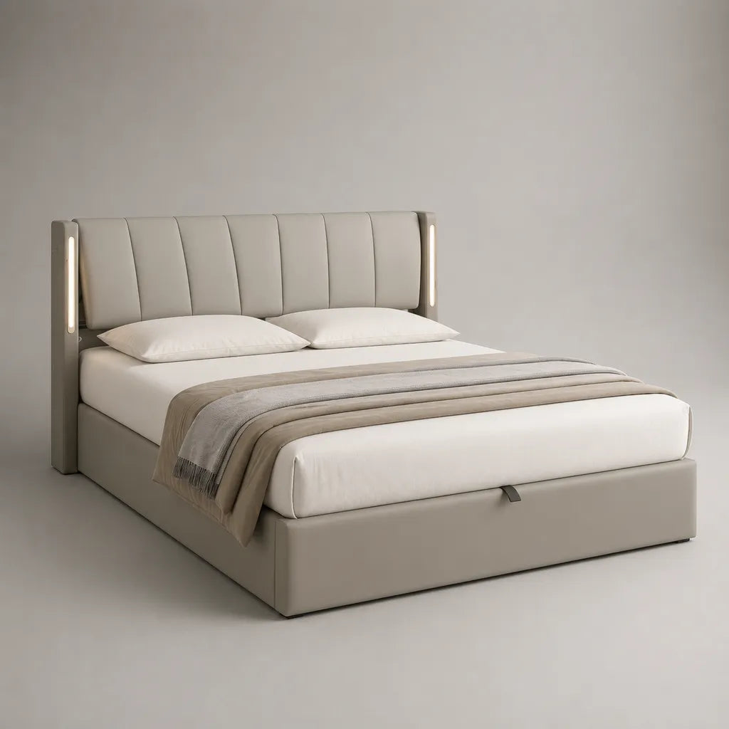 Lit coffre double rectangulaire 160 × 200 cm en PU grège avec tête de lit rembourrée et éclairage LED