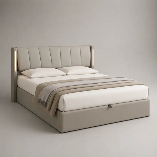 Letto rettangolare doppio petto 160 × 200 cm in griglia PU con testa letto imbottita e illuminazione a LED