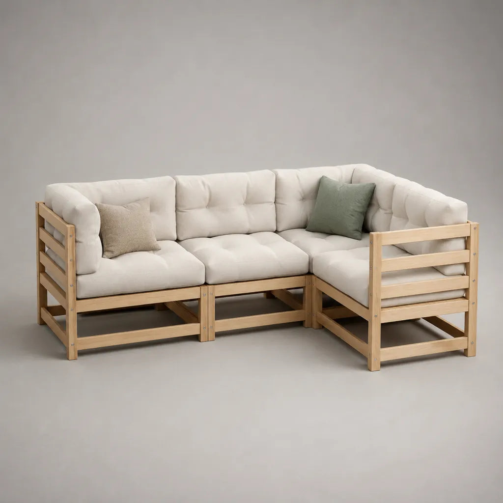 Canapé d’angle modulable 3 places en bois avec coussins écrus, bois naturel, 210 × 145 × 75 cm