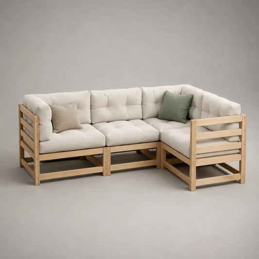 Divano angolo 3 posti modulabile in legno con cuscini in ecru, legno naturale, 210 × 145 × 75 cm