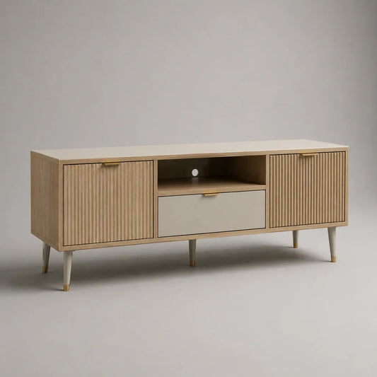Armadio rettangolare MDF bassa TV e pannello di particelle, beige, legno leggero e dorato, 160 × 40 × 65 cm