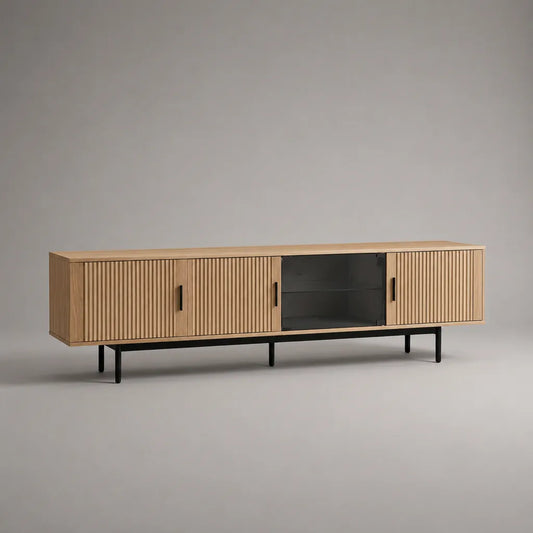 Armadio a bassa TV in rovere naturale al quadrato MDF con 4 porte, di cui 1 in vetro affumicato, pièce in acciaio nero, 180 × 40 × 60 cm