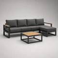 Ensemble de salon de jardin 4 places avec canapé d’angle et table basse en aluminium, bois et tissu, gris anthracite et noir, canapé 250 × 150 × 78 cm, table 80 × 60 × 35 cm