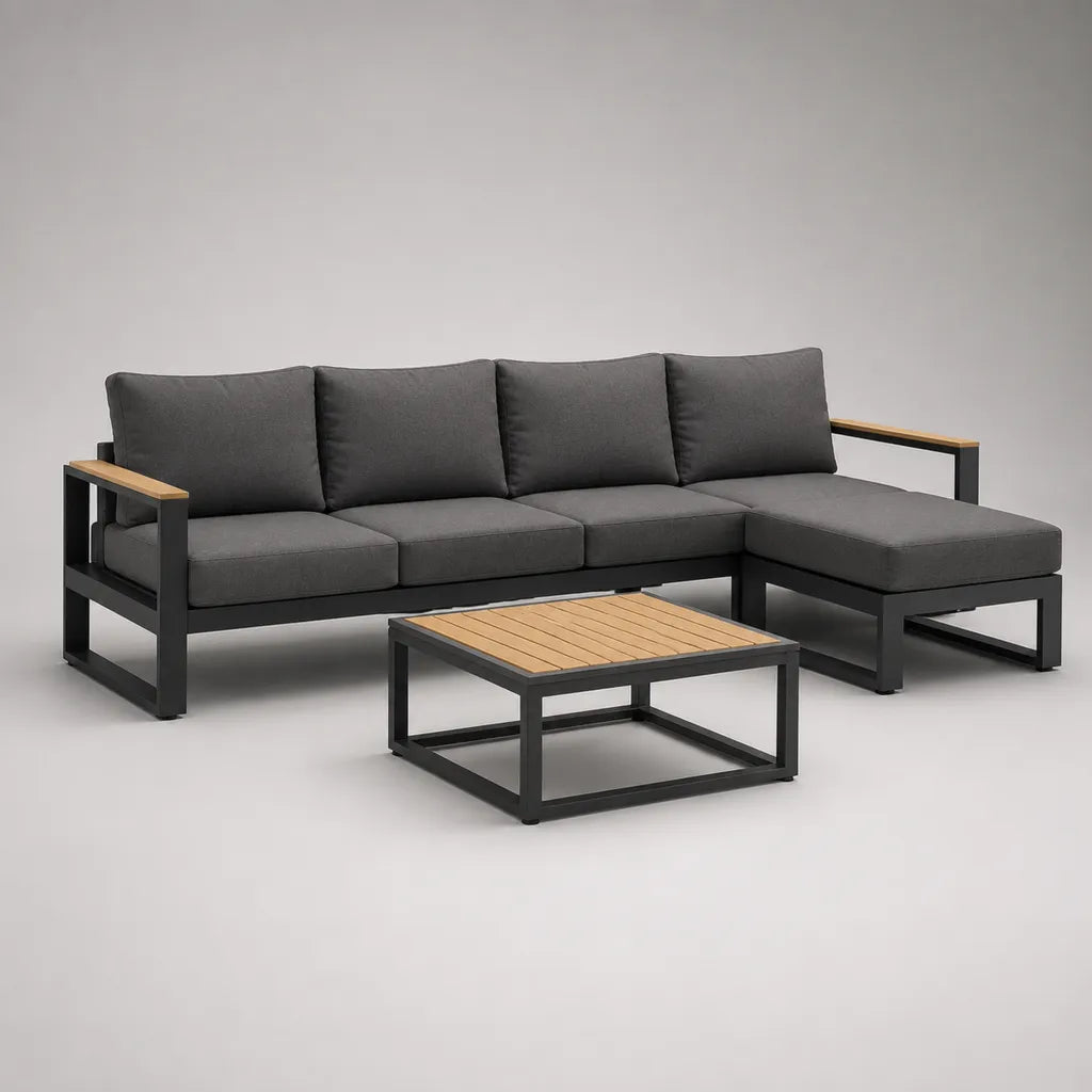 Ensemble de salon de jardin 4 places avec canapé d’angle et table basse en aluminium, bois et tissu, gris anthracite et noir, canapé 250 × 150 × 78 cm, table 80 × 60 × 35 cm