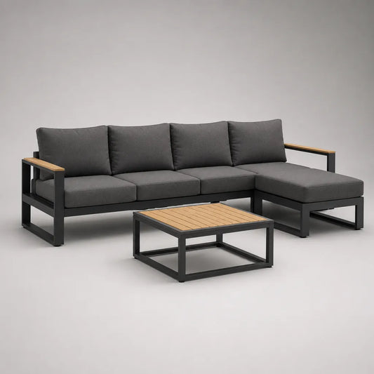 Set da giardino a 4 posti con divano e tavolino in alluminio, legno e tessuto, antracite e grigio nero, divano 250 × 150 × 78 cm, tavolo 80 × 60 × 35 cm