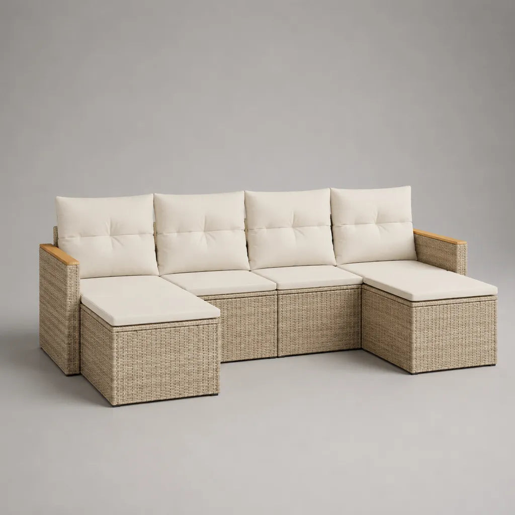 Ensemble canapé de jardin modulable 6 pièces, 4 places, en résine tressée beige avec coussins crème, 262 × 132 × 74 cm