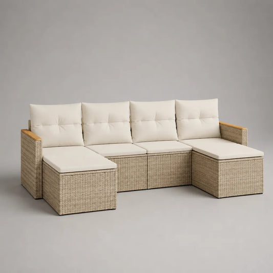 Set divano da giardino modulabile 6 camere, 4 posti a sedere, resina intrecciata beige con cuscini crema, 262 × 132 × 74 cm